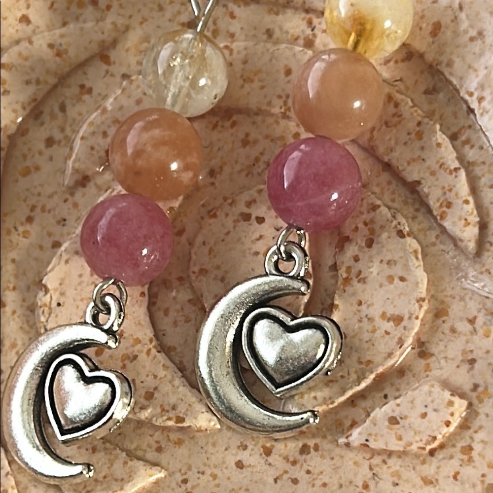 Handmade Silver Moon & Heart Earrings w/ Strawberry Quartz + Citrine Crystal - Picture 4 of 4